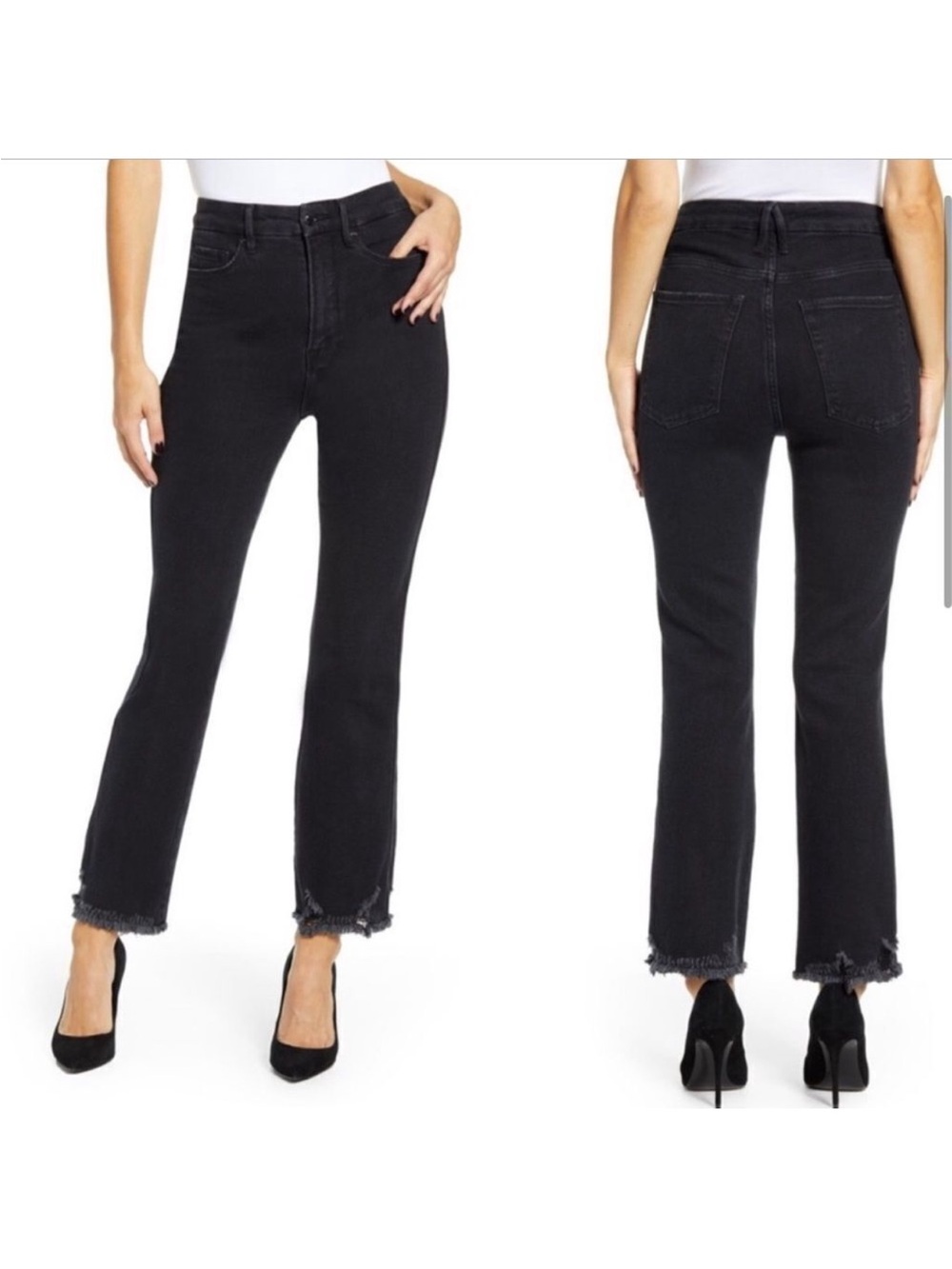 Good American Faded Black Good Straight Cropped Jeans with Raw Hem, Size 27